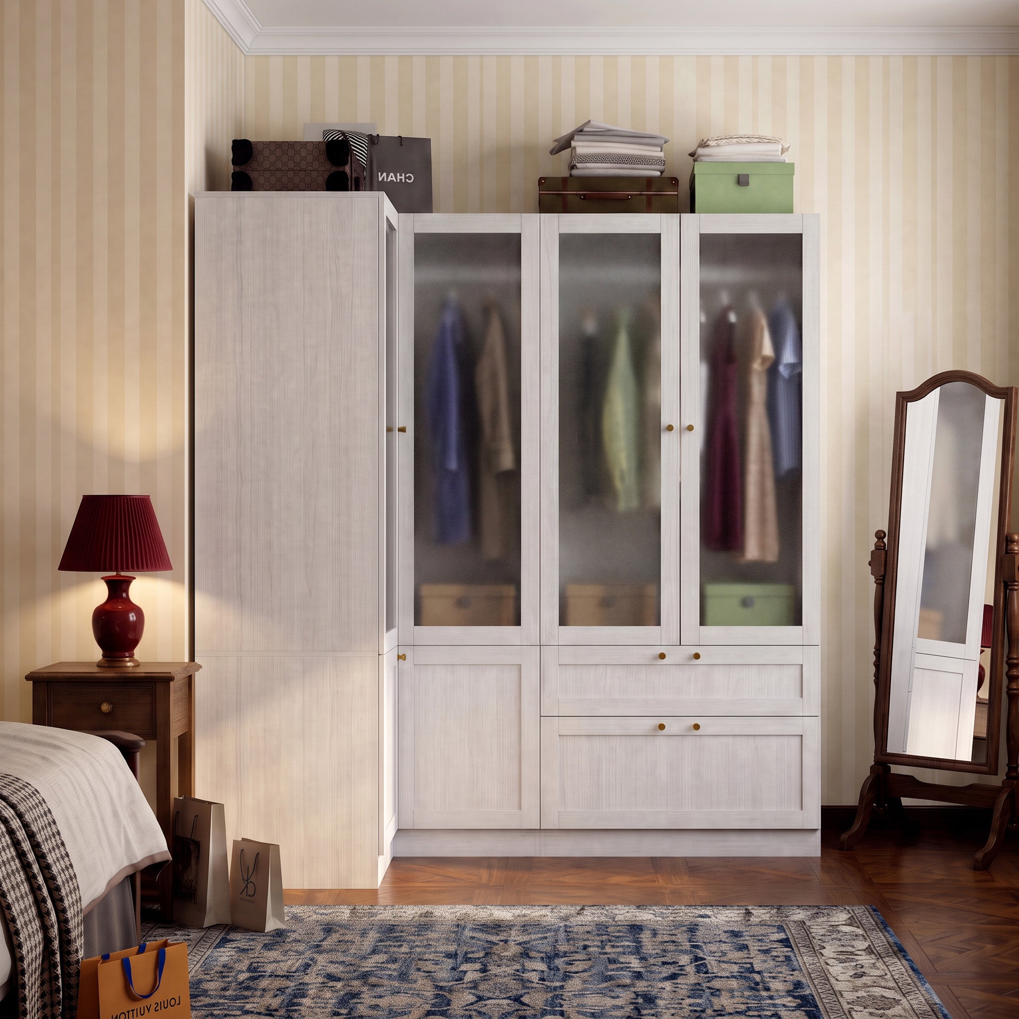 66.9" Modern Corner Wardrobe with Frosted Glass Doors and Gold Hardware
