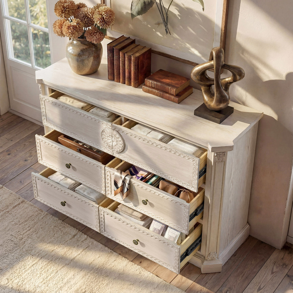 47.2" Solid Wood Chest of Drawers with Decorative Carving