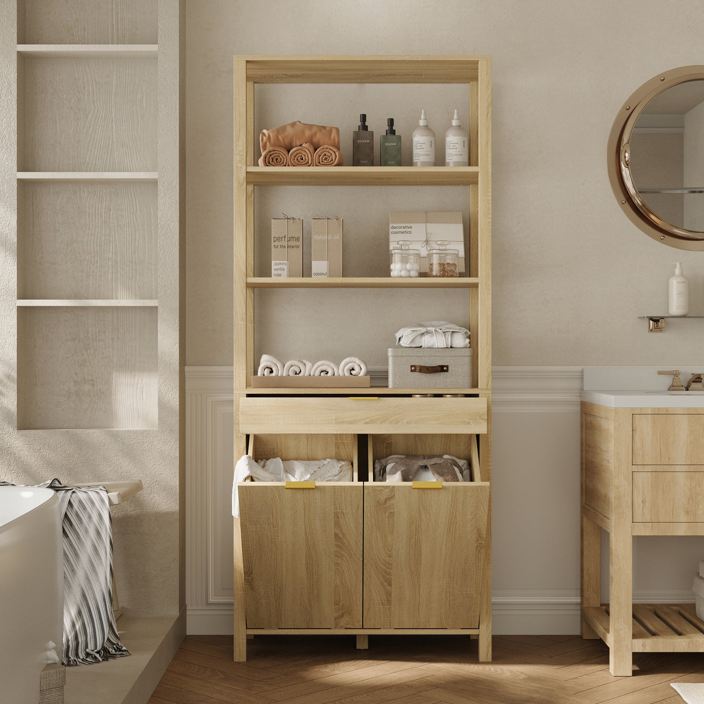 30.1" Oak Laundry Hamper Cabinet with 2 Tilt-Out Baskets and Open Shelves