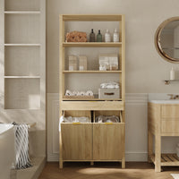 30.1" Oak Laundry Hamper Cabinet with 2 Tilt-Out Baskets and Open Shelves