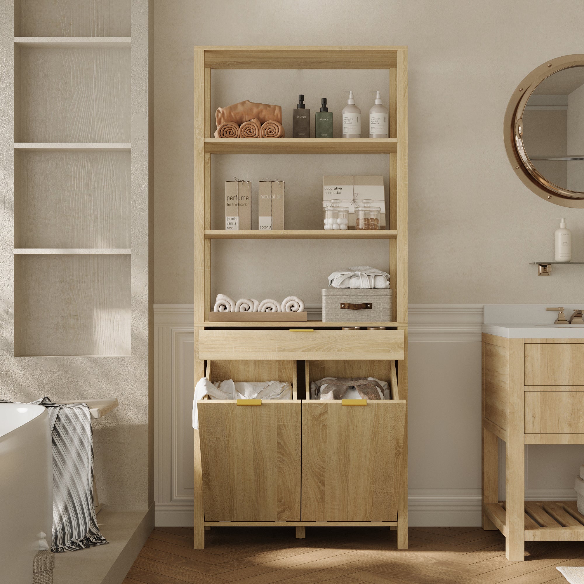 Tall Waterproof Laundry Hamper Cabinet With 2 Tilt-Out Baskets And Drawer, Open Shelves Organizer, Oak Finish, 70.8" H