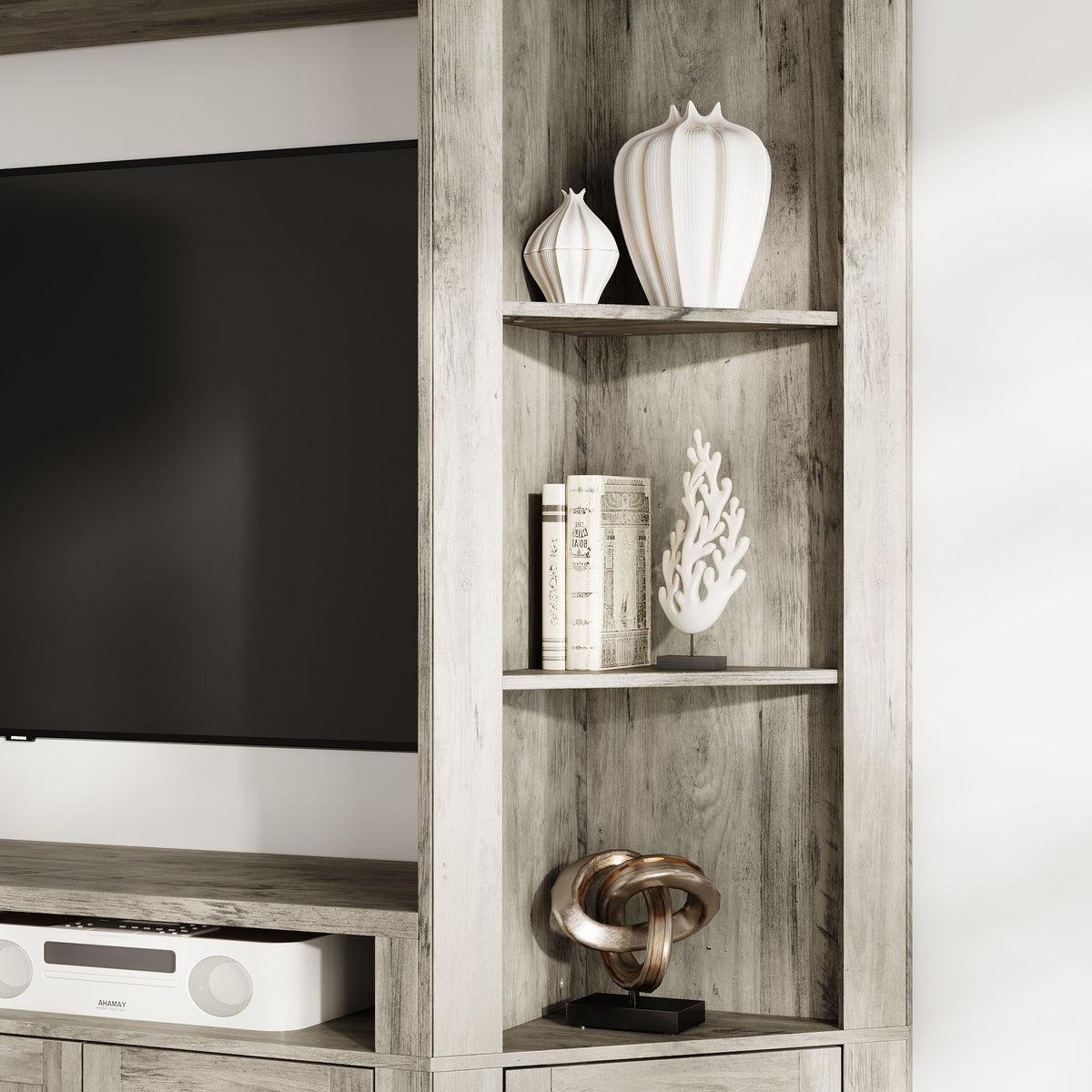 100" Modern Gray Entertainment Center with Storage Cabinets and Open Shelves
