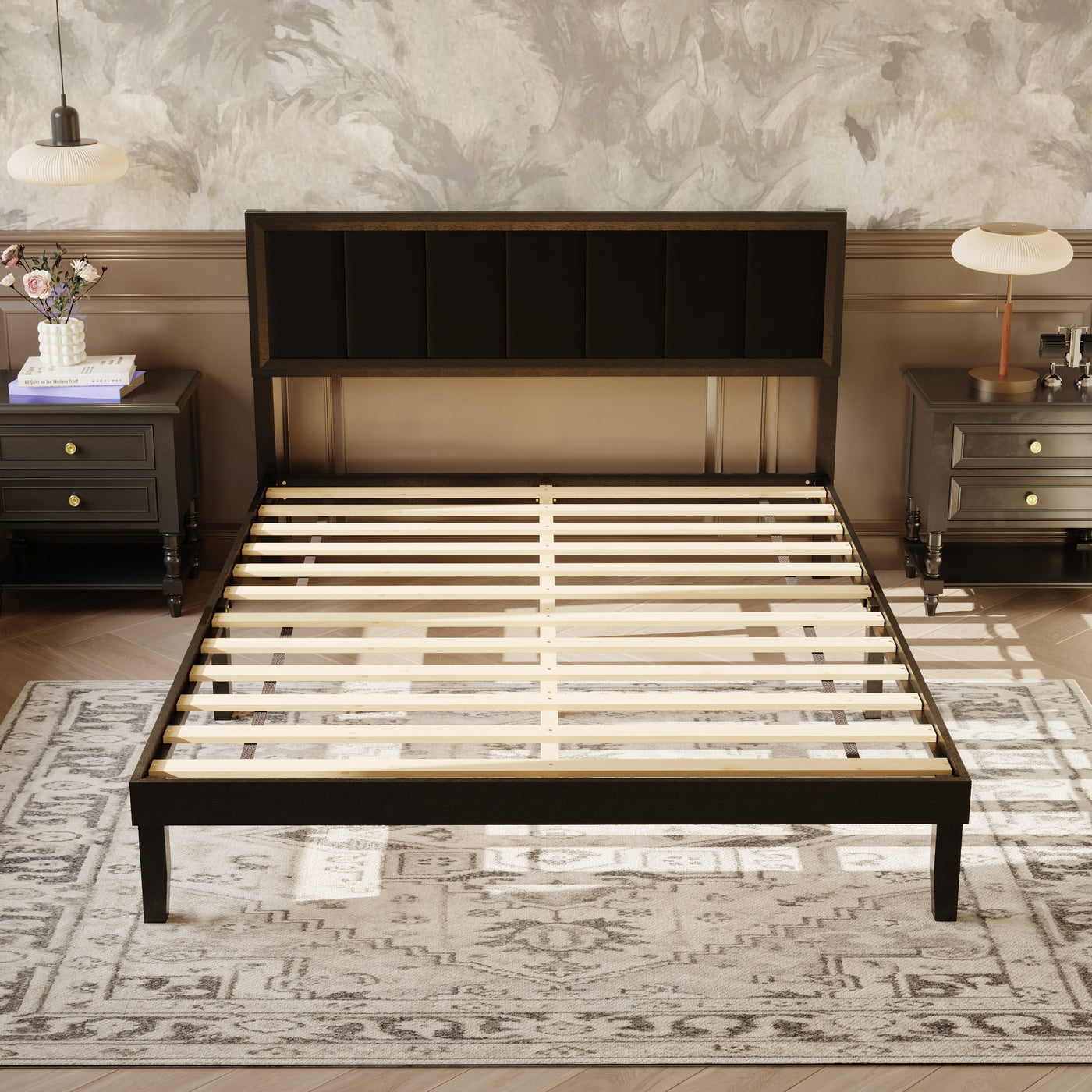King-Size Modern Black Platform Bed with Linen Upholstered Headboard