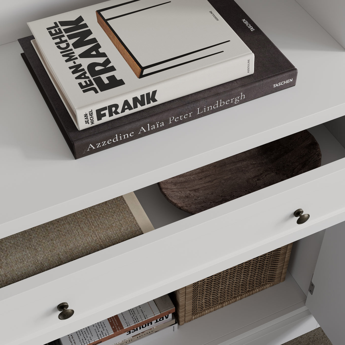 102.4" White 6‑Tier Open Bookcase Storage Cabinet with 3 Drawers & 6 Closed Base Doors