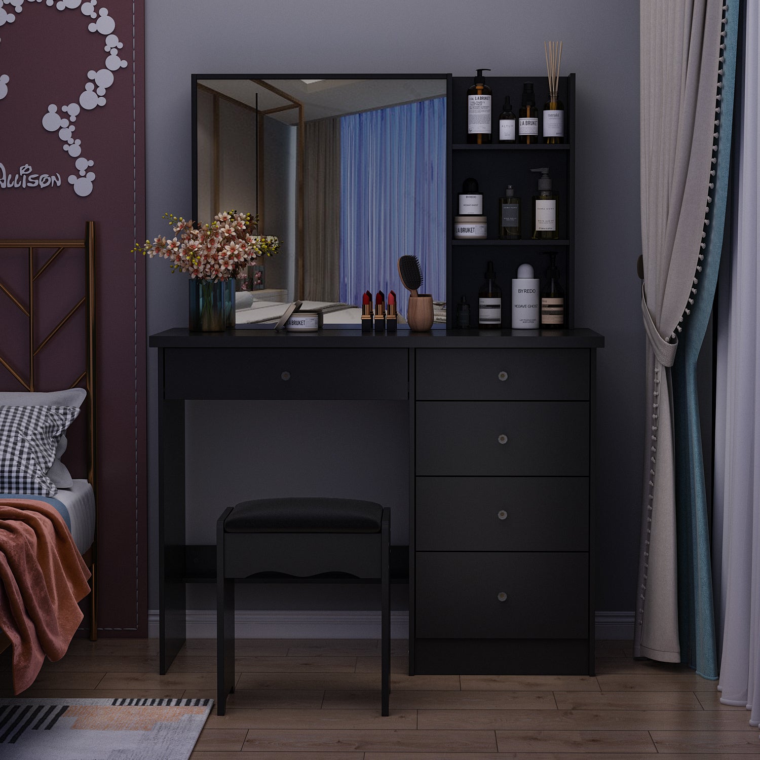 Makeup Vanity Set with Cushioned Stool, 5 Drawers & Shelves