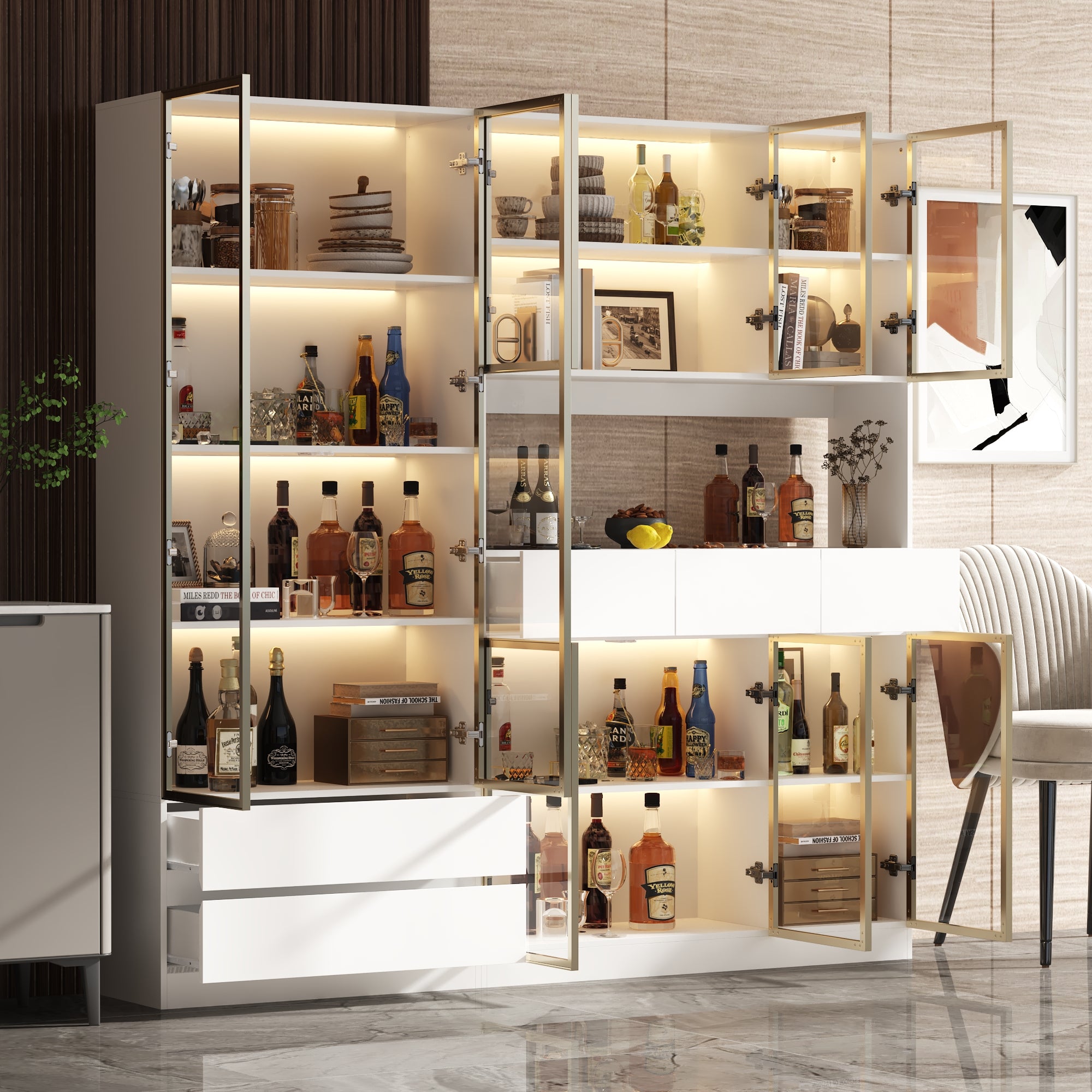 78.7'' H x 78.7'' W Bookcase with Glass Doors & 3-Color Changing Lights