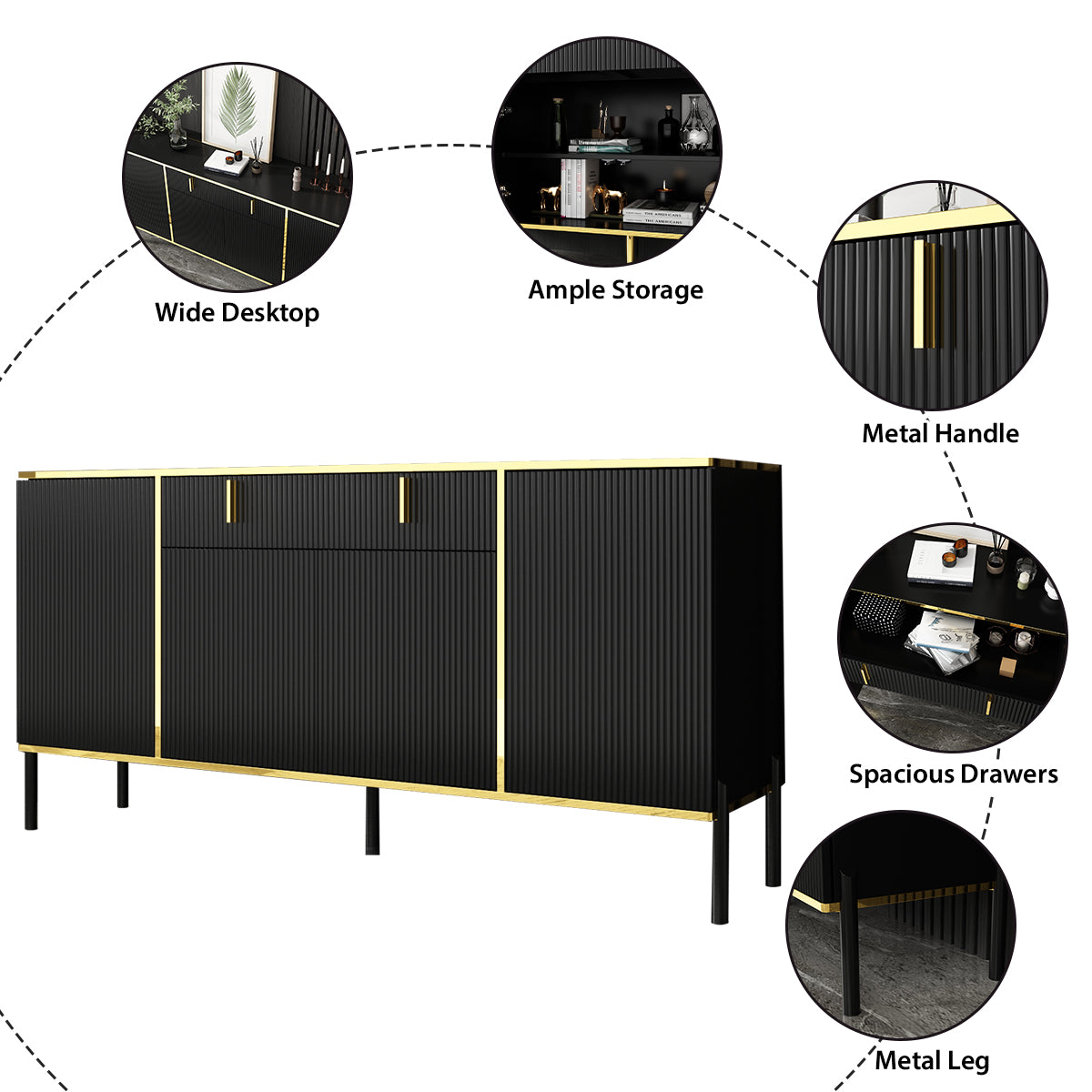 Wide Sideboard Buffet Storage Cabinet in Black with Drawer & Pop-up Doors