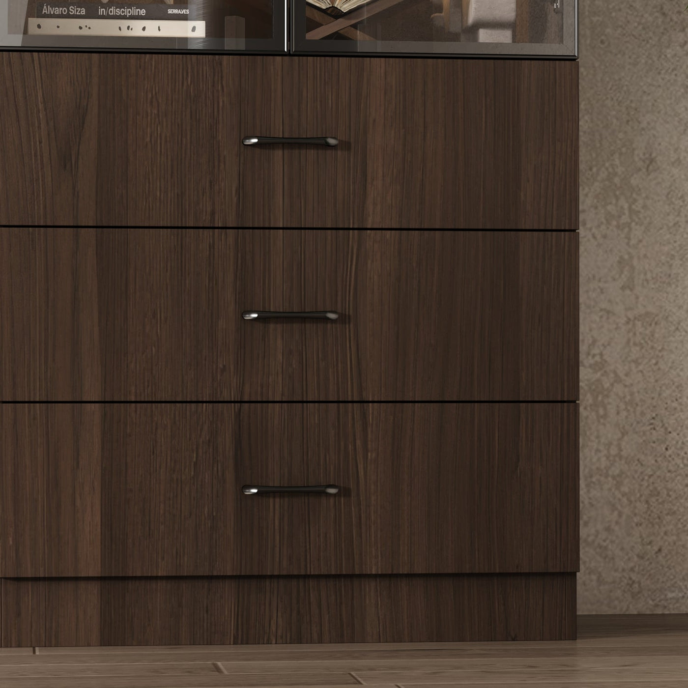 Geyma 31.5" Modern Brown Display Cabinet with Glass Doors, LED Lights and 3 Drawers