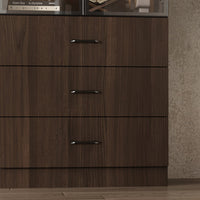 Geyma 31.5" Modern Brown Display Cabinet with Glass Doors, LED Lights and 3 Drawers