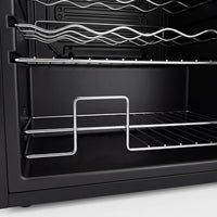 Black wine fridge with glass door and digital temperature display