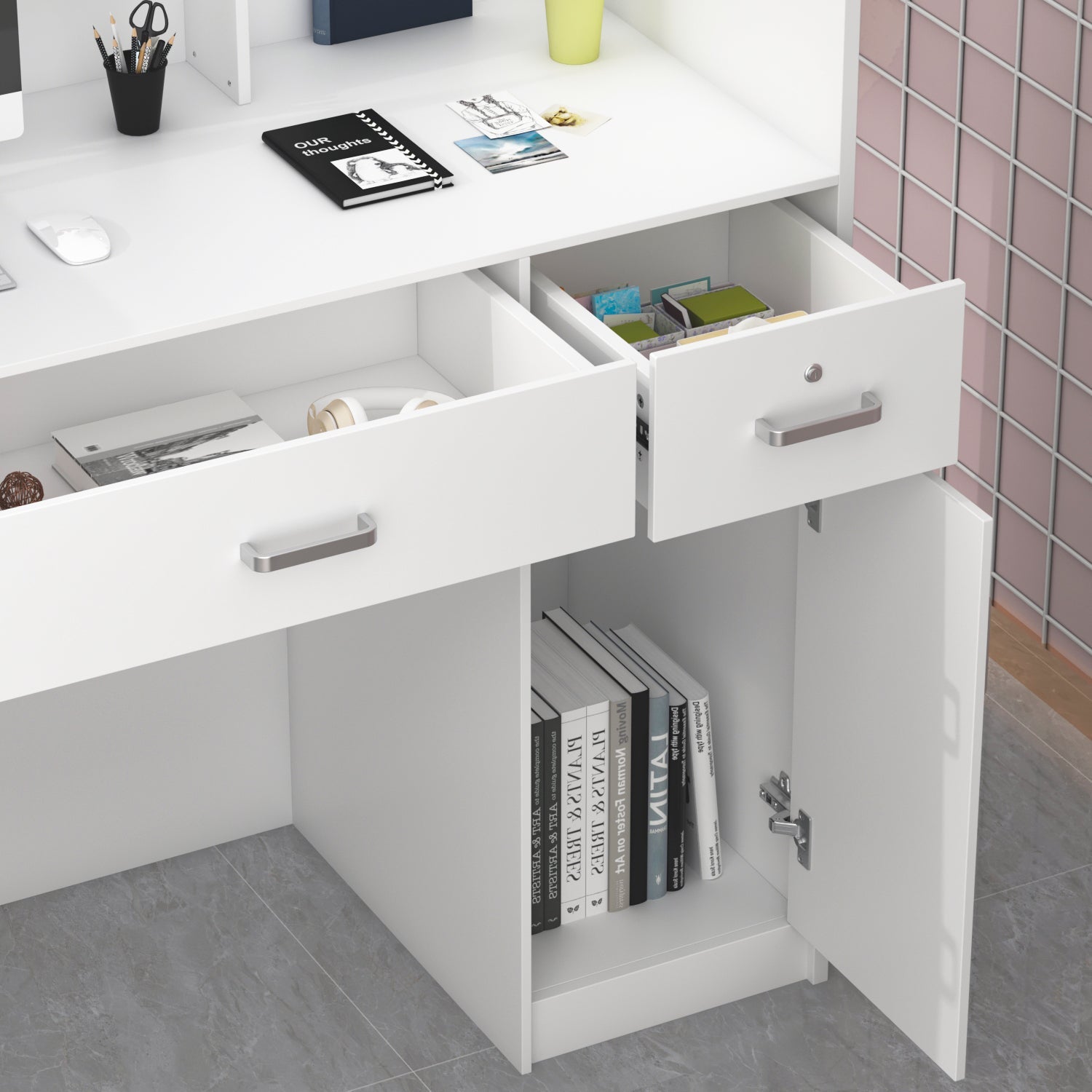 Modern Wooden Reception Desk Computer Table with Filing Cabinet Lockable Storage 47"W