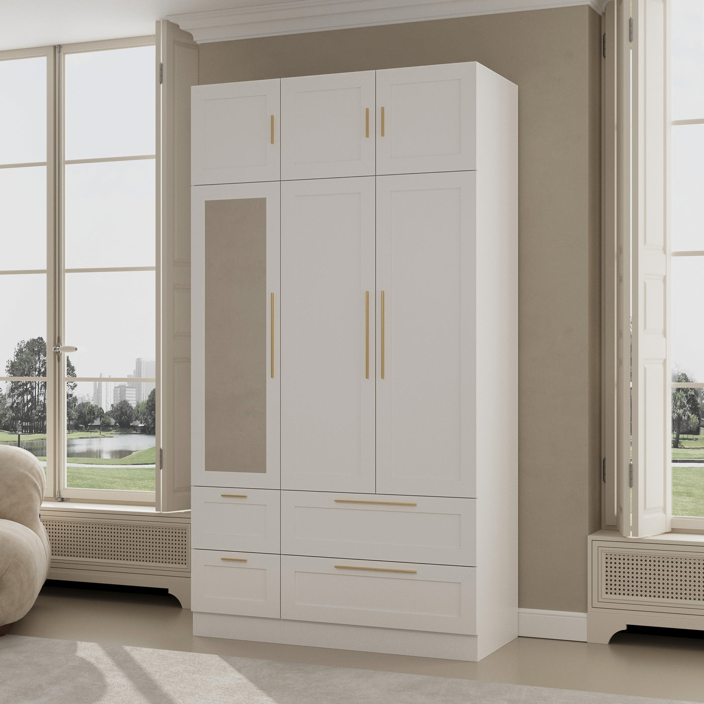 White armoire with mirror door, top cabinets, and lower drawers