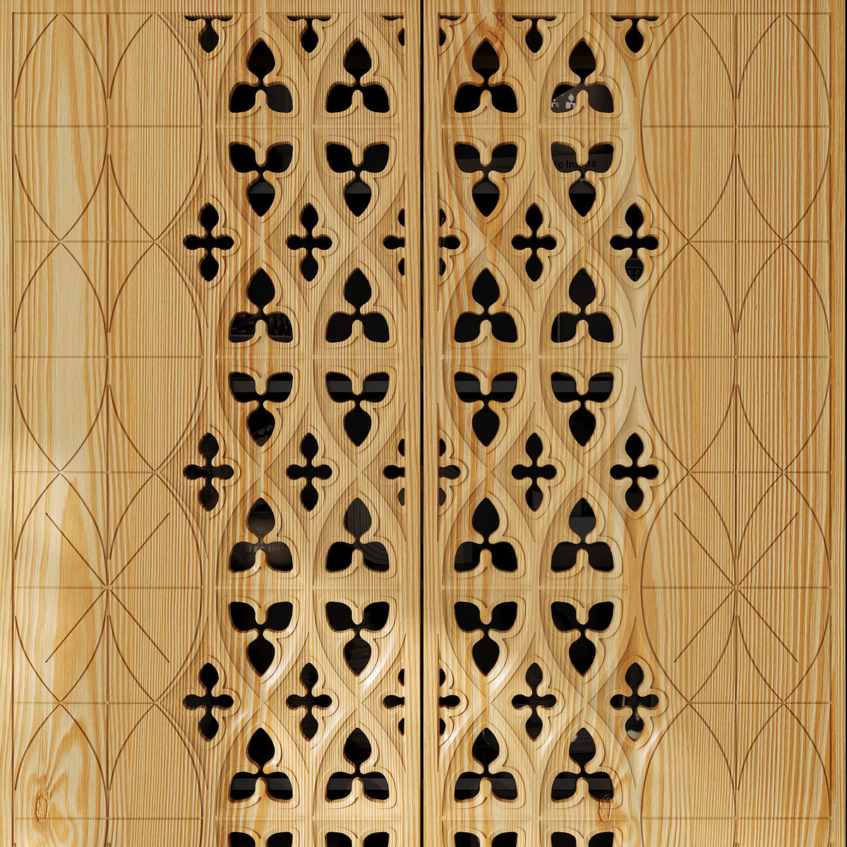 Wooden panel with intricate black geometric pattern