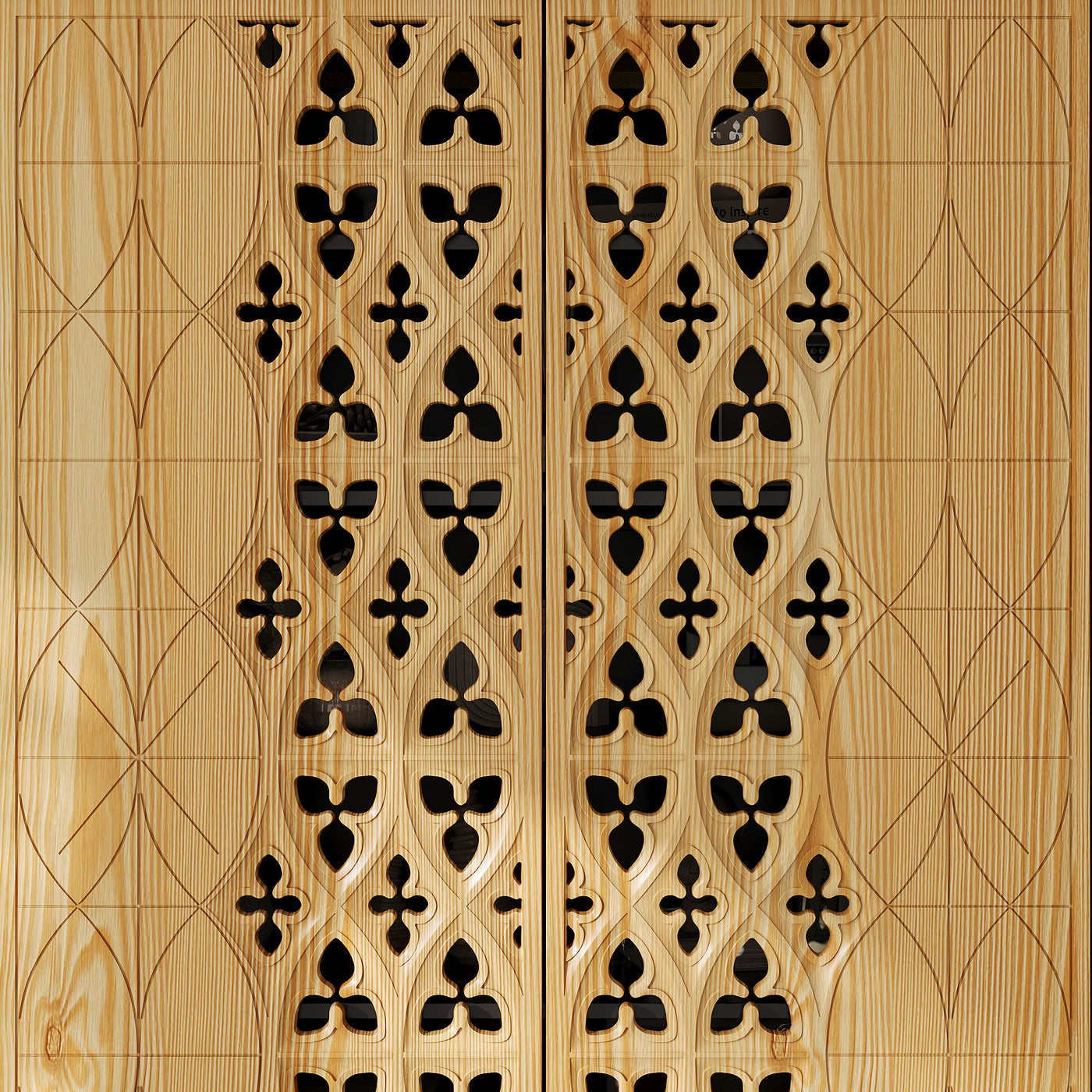 Wooden panel with intricate black geometric pattern