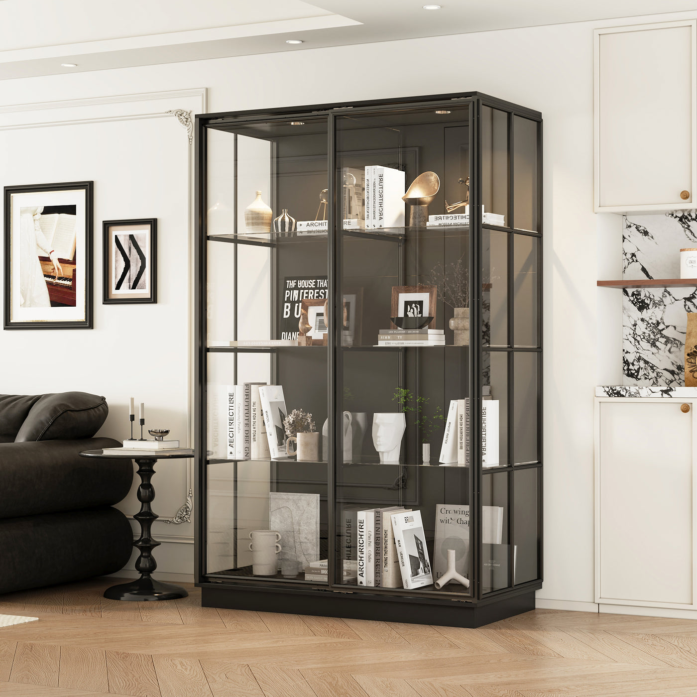 48.1" Modern Black 4-Tier Display Cabinet With Glass Doors and Lights