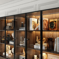 Geyma 110.2" Modern Glass Doors Display Case with LED Lights and Drawers