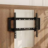Brown TV stand with open shelves, black metal frame, and caster wheels