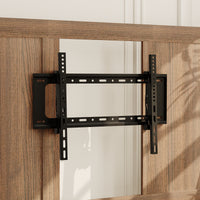 Brown TV stand with open shelves, black metal frame, and caster wheels