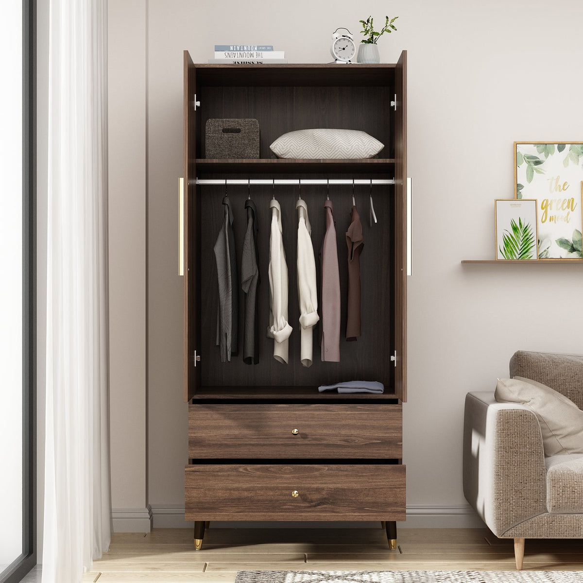 31.5" Modern Brown 2-Door 2-Drawer Armoire Large Storage Closet
