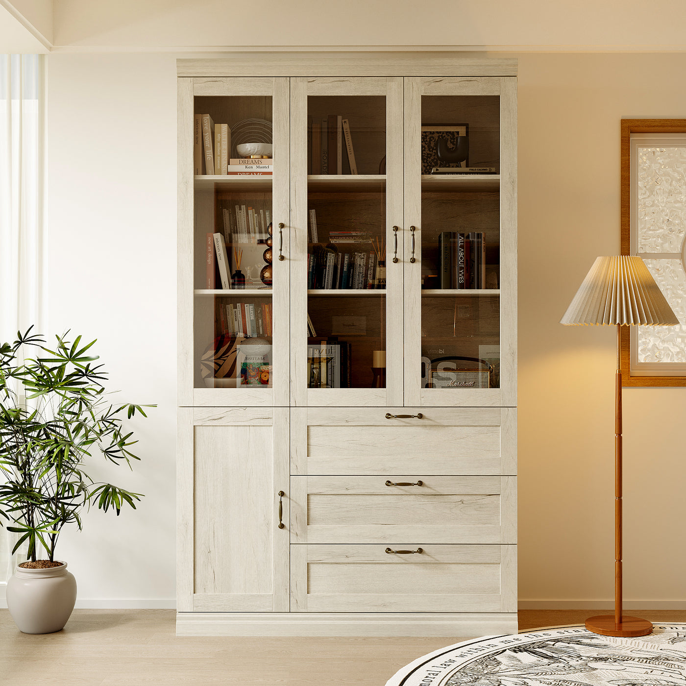 47.2" Farmhouse Gray-White Display Bookcase with Glass Doors