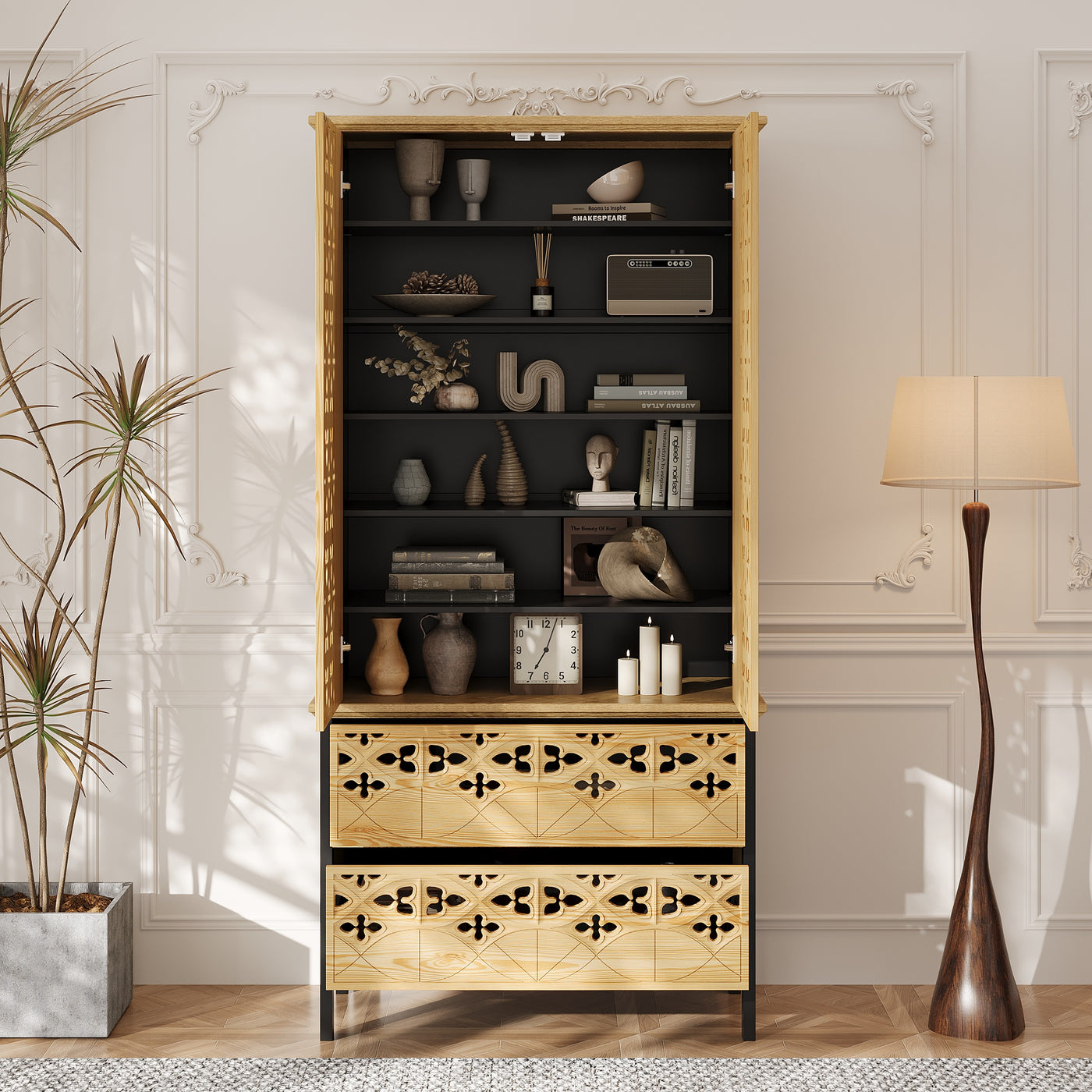 Wooden bookshelf with decorative items in a stylish room