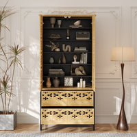 Wooden bookshelf with decorative items in a stylish room