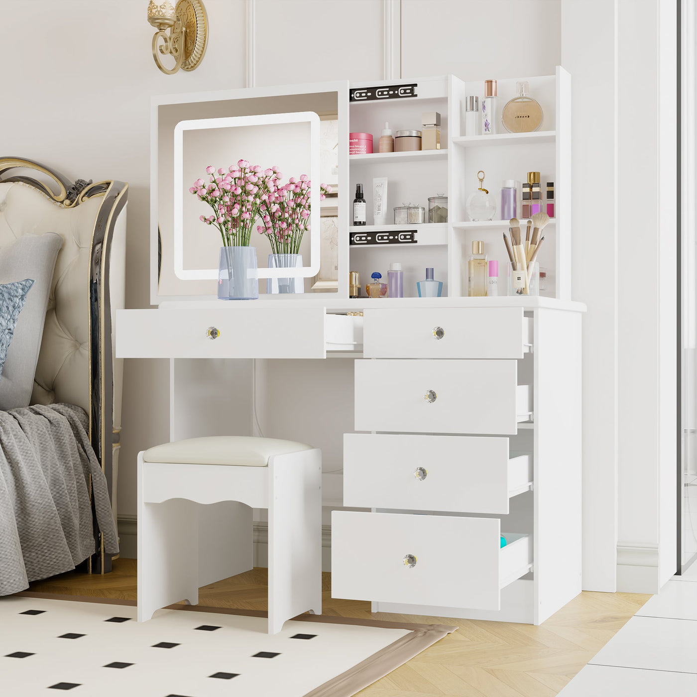39.4" Modern White Vanity Desk Makeup Table Large Sliding Lighted Mirror Dressing Table With 5 Drawers Hidden Shelves