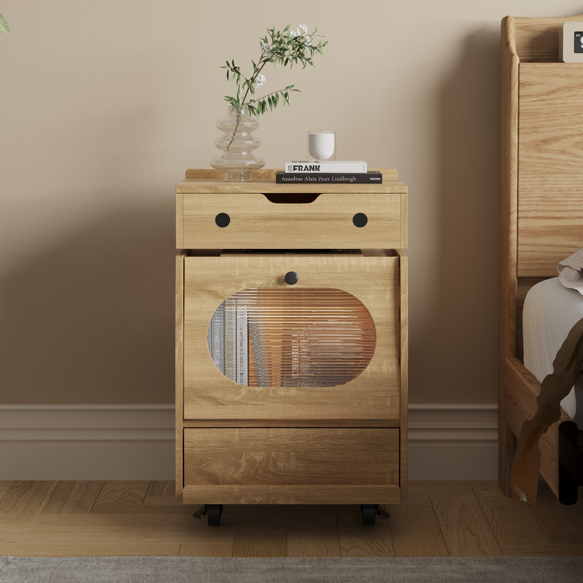 18.9" Creative Brown Nightstand with Robot Shape and Movable Wheels