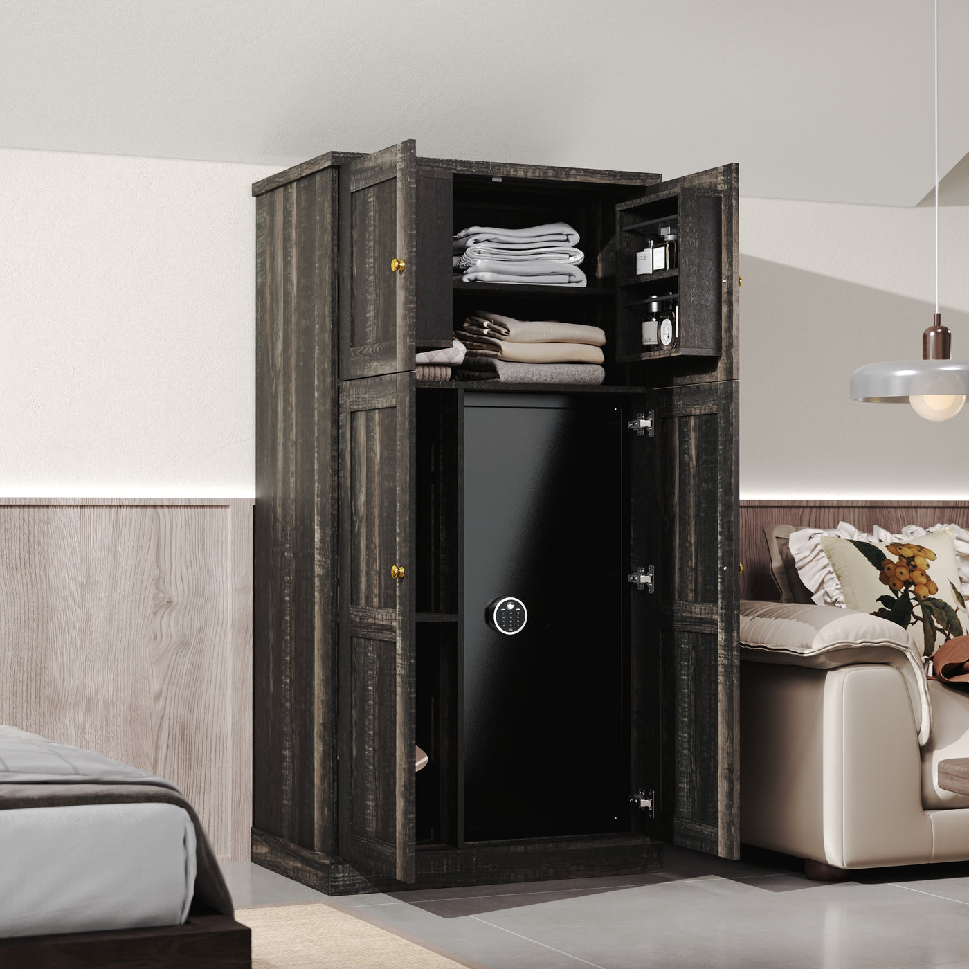 62" Modern Black Gun Safe Storage Cabinet with Sensor Light and Pistol Rack