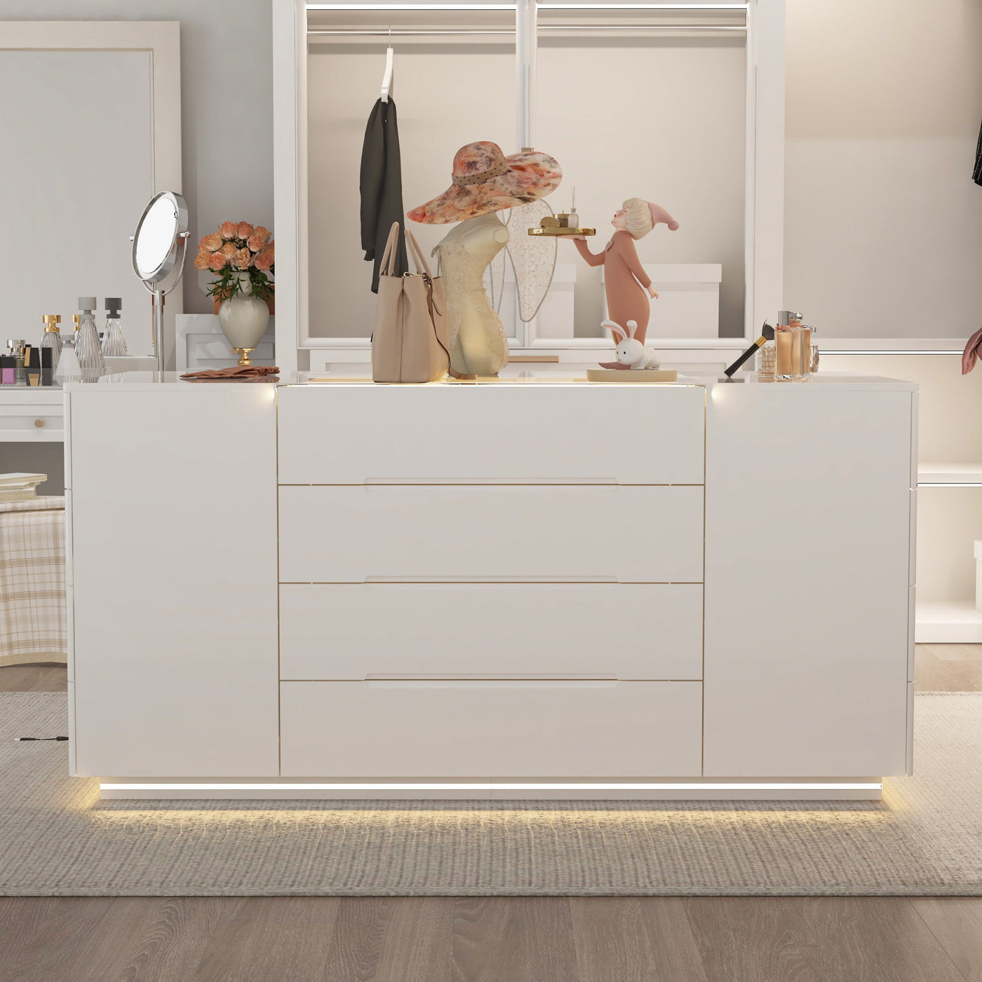 63" Modern White Rectangular Chest With 16 Drawers