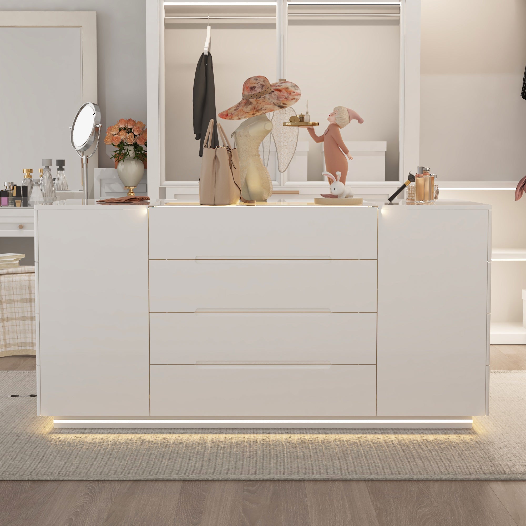 16-Drawer Chest With Graceful Design And Tempered Glass Top