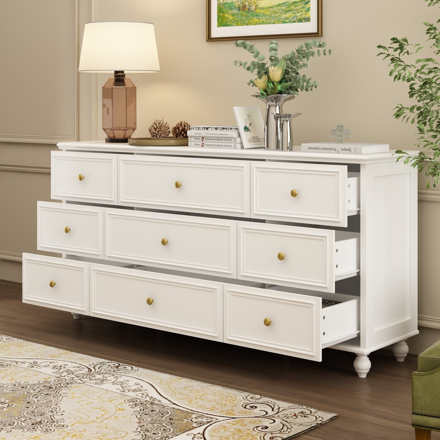 Modern 9-Drawer Triple Dresser White Finish Wide Storage Chest