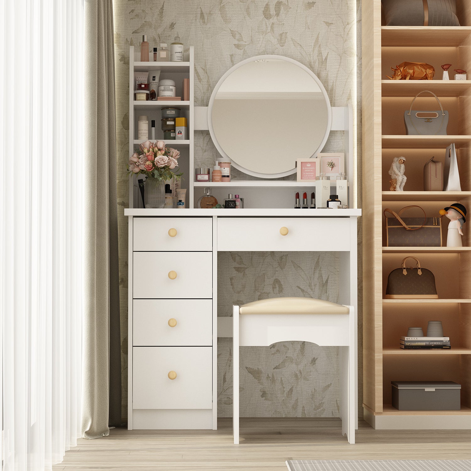 Makeup Vanity Set with Cushioned Stool, 5 Drawers & Display Shelves