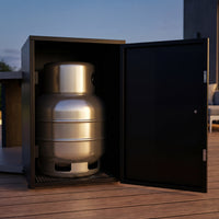 Metallic propane tank inside an open black storage cabinet on a wooden deck.
