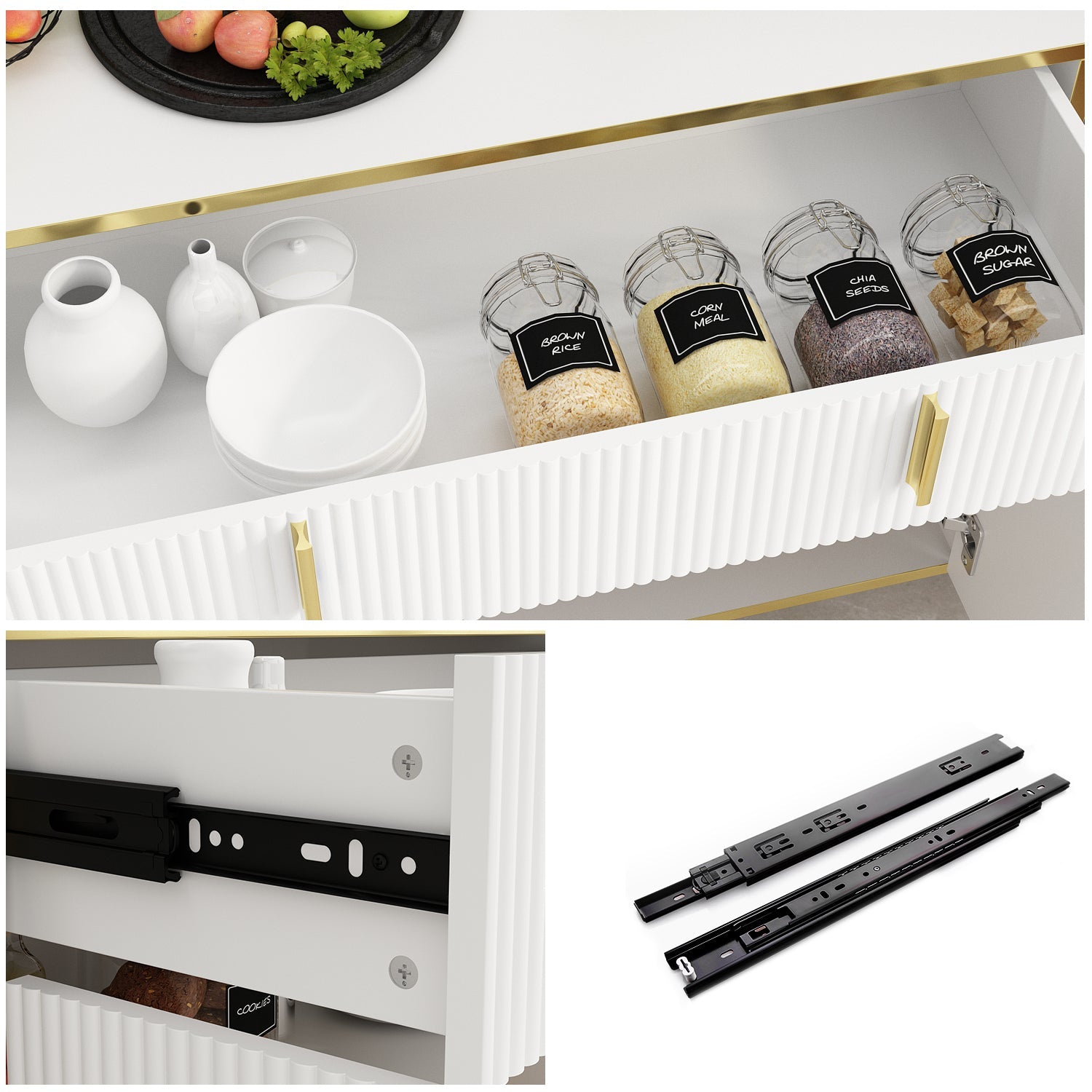 Wide Sideboard Buffet Storage Cabinet in Black with Drawer & Pop-up Doors