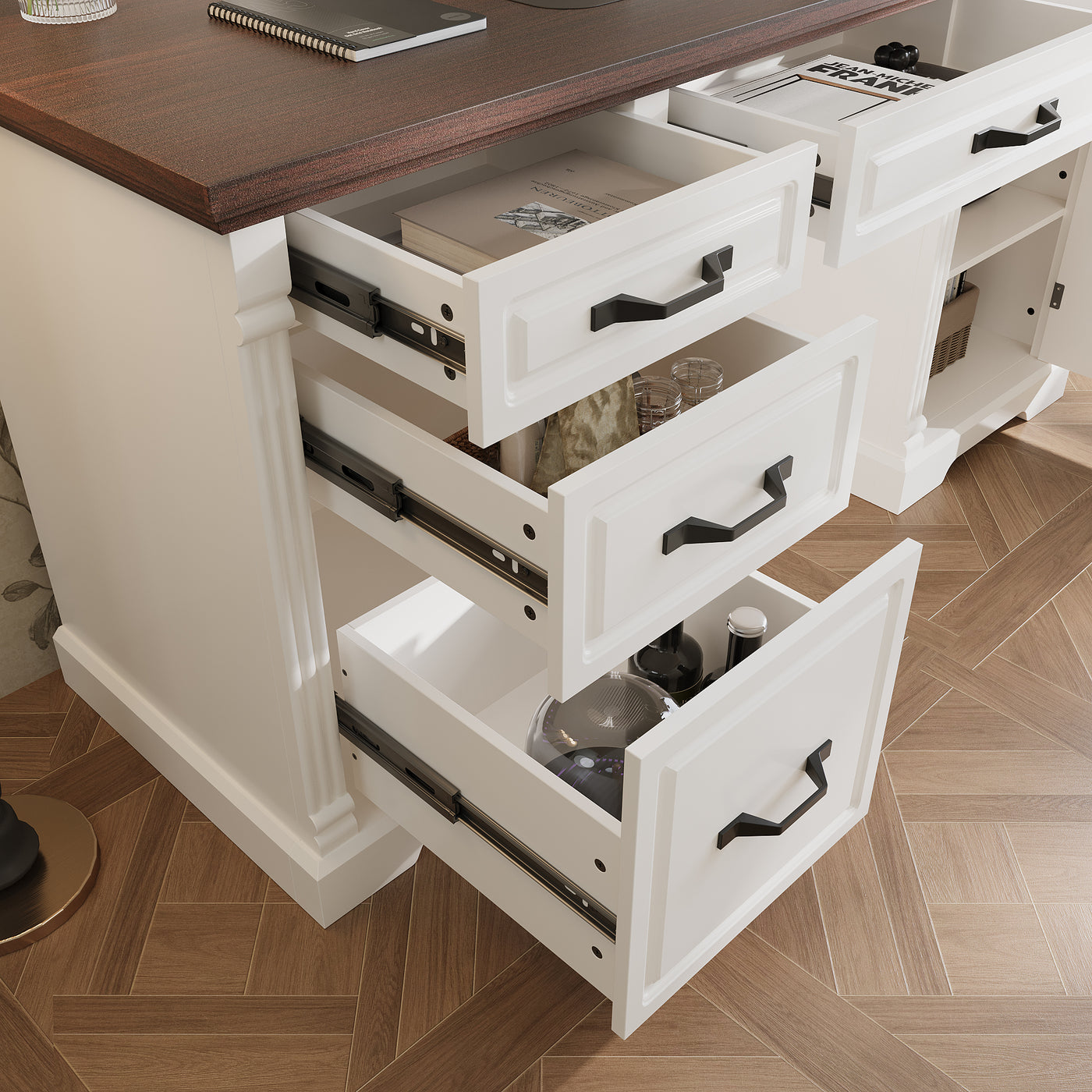 59" Traditional Walnut & White Computer Desk with 5 Drawers