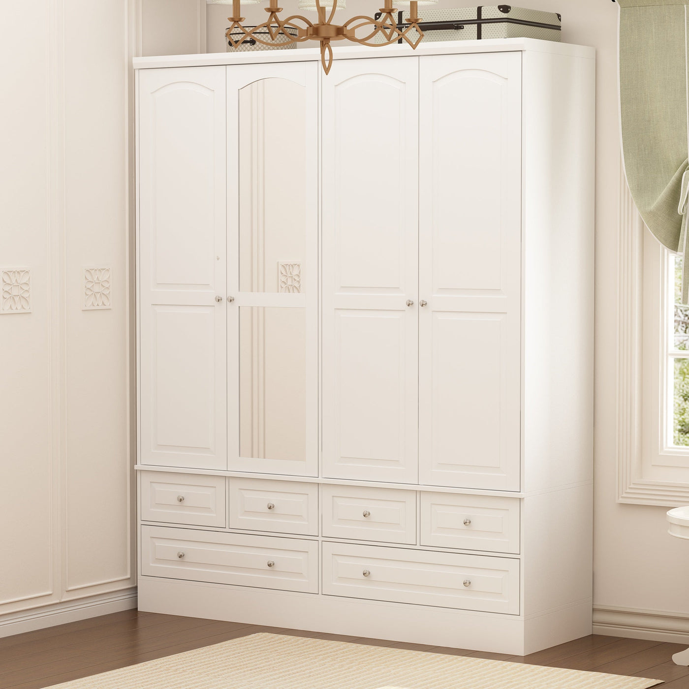63" Elegant White Armoire Wardrobe with Mirror, 4 Doors, and 6 Drawers
