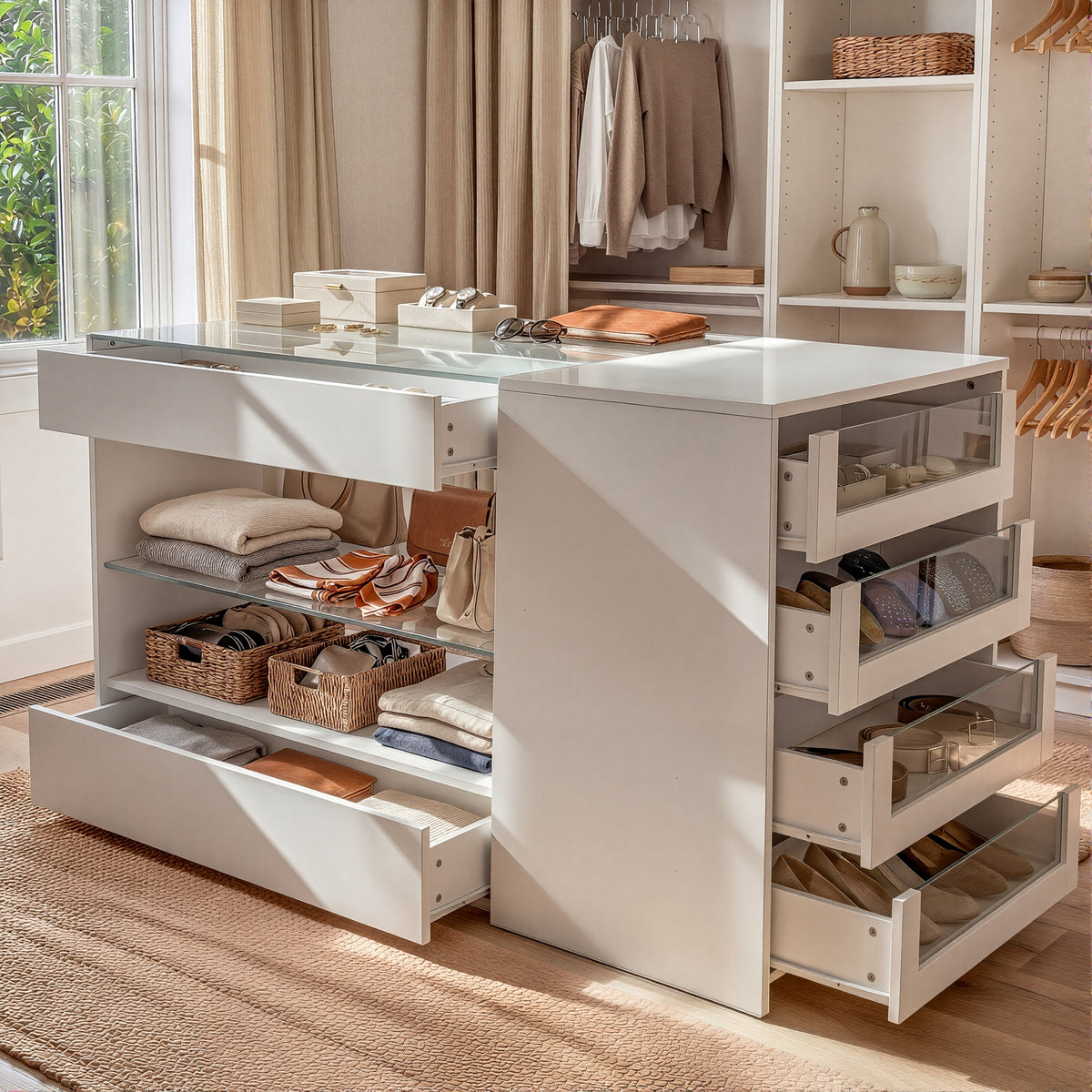 47.2" Modern White Closet Island with Strong Storage and Glass Top