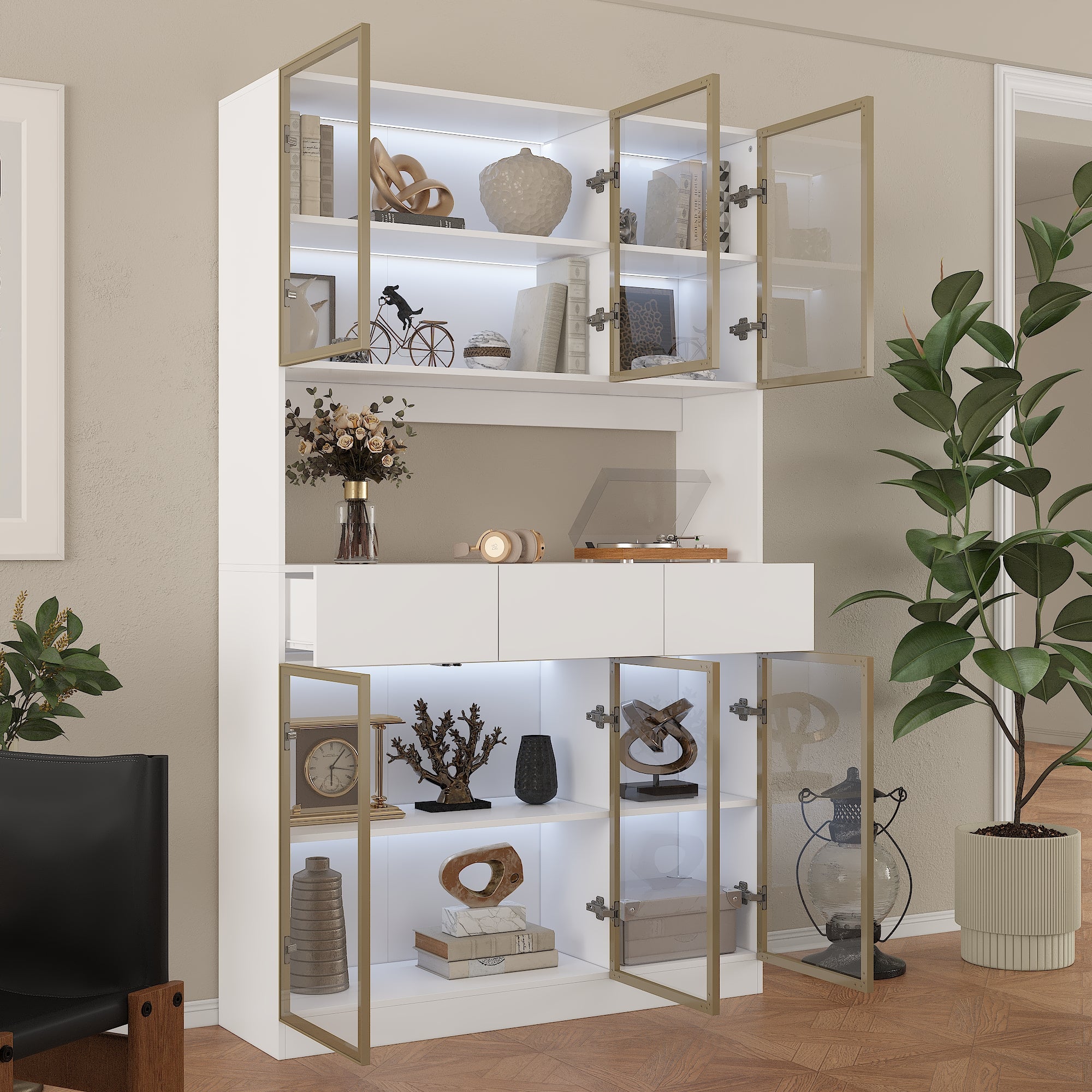 Three Drawers Bathroom Linen Cabinet With Tempered Glass Doors And Light