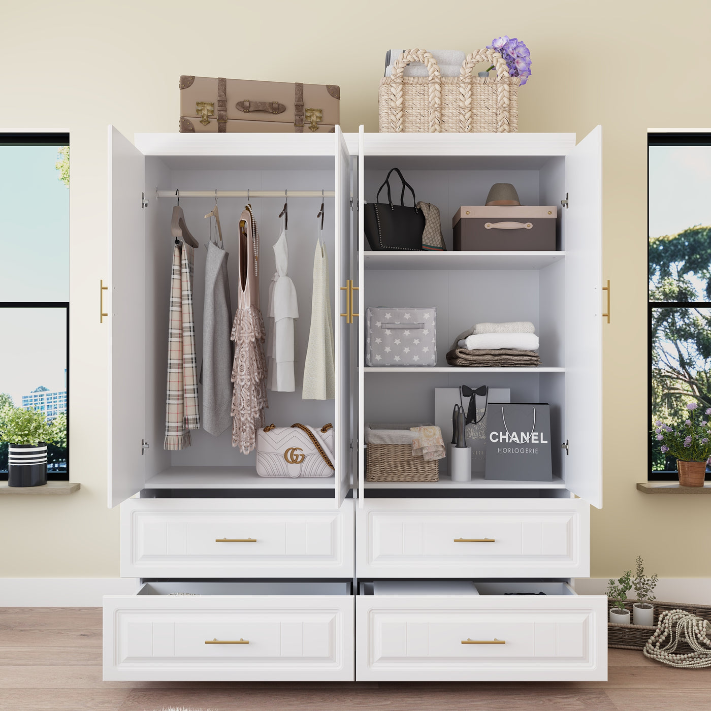63" Modern Minimalist White Wide Wardrobe 4-Door Armoire with 4 Drawers for Bedroom Storage