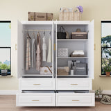 63 inches Modern Minimalist White Wide Wardrobe 4-Door Armoire with 4 Drawers for Bedroom Storage