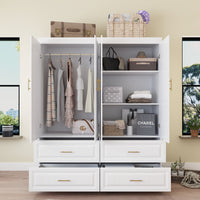63" Modern Minimalist White Wide Wardrobe 4-Door Armoire with 4 Drawers for Bedroom Storage