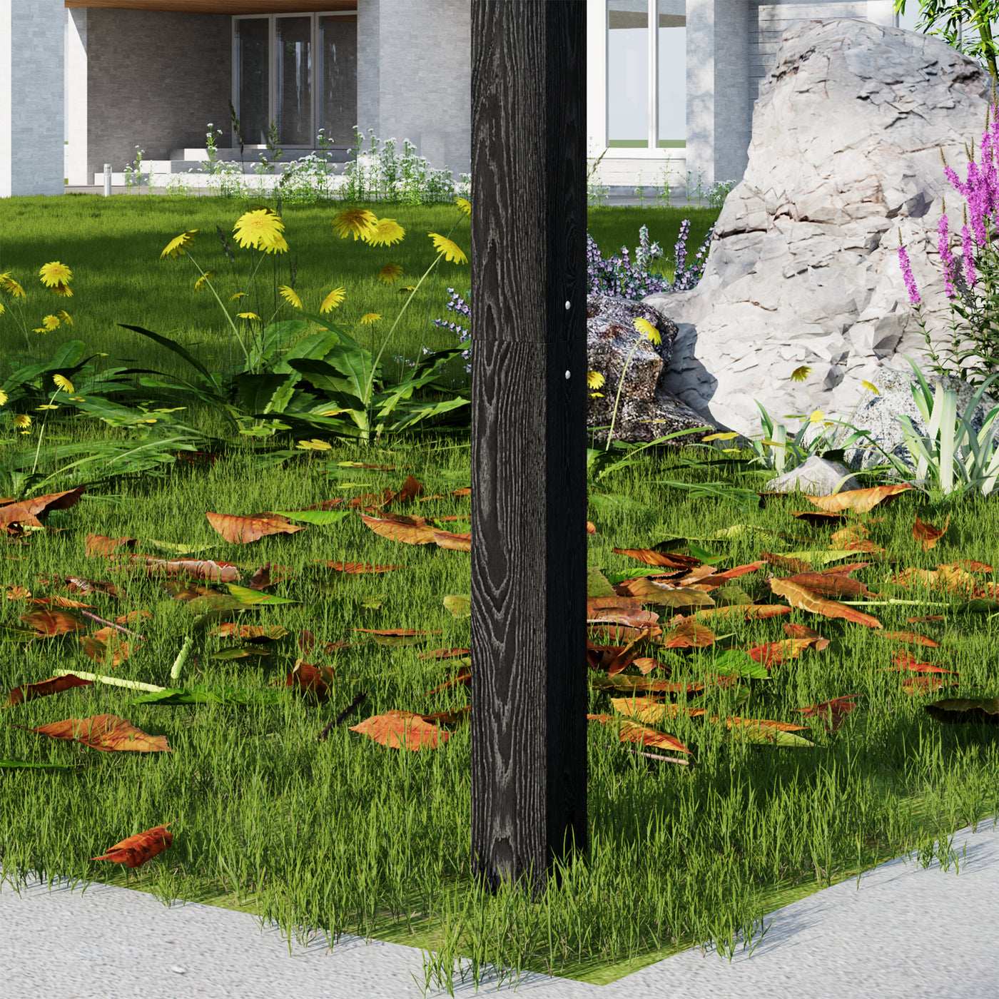 Garden scene with a wooden post, grass, flowers, and rocks