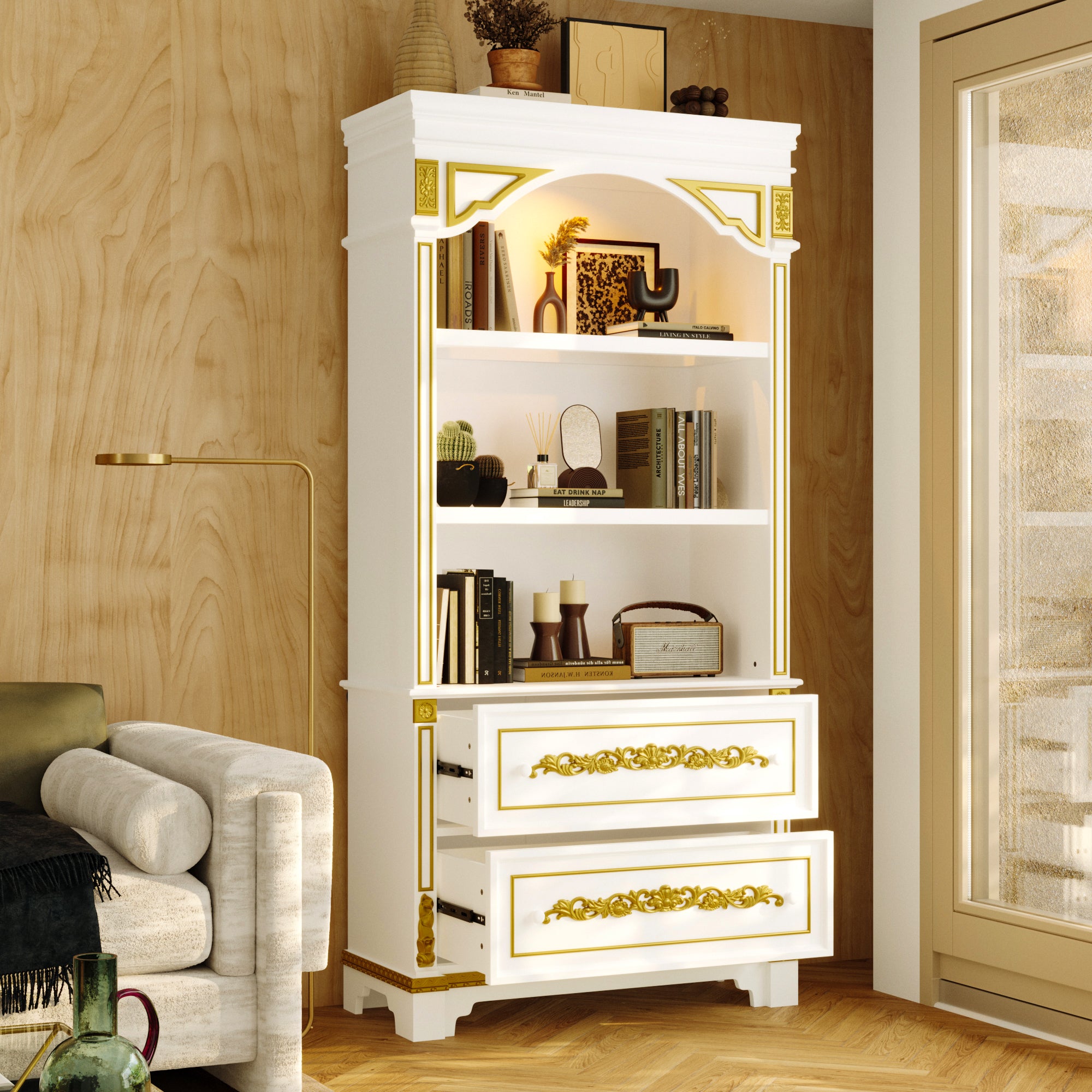 Decorative bookshelf with gold accents in a room setting