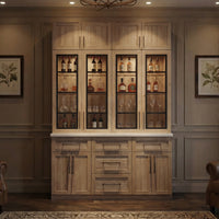 70.8" Oak Grain Engineered Wood Tall Food Pantry Cabinet with Upper Solid Doors, Middle Glass Display Doors & Multi-Drawer Storage Base