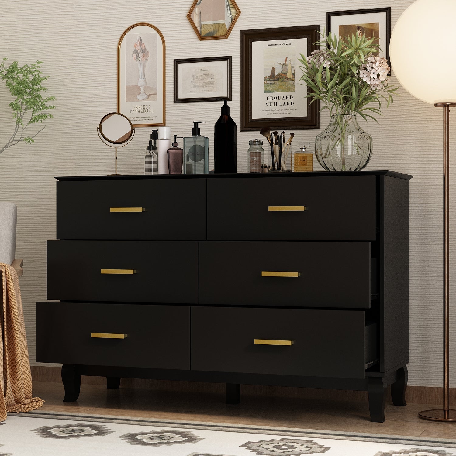 Modern White Finish Double Dresser 6-Drawer Cabinet for Hallway Entryway Living Room