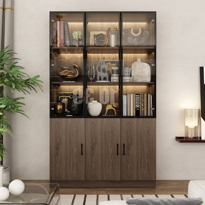 47" Modern Brown Display Cabinets with Glass Door and Adjustable Lighting