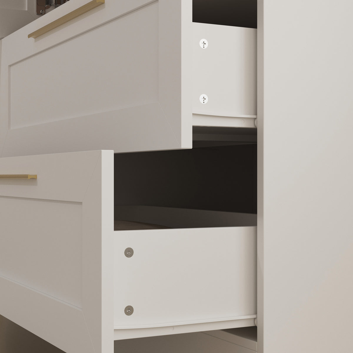 White armoire with mirror door, top cabinets, and lower drawers