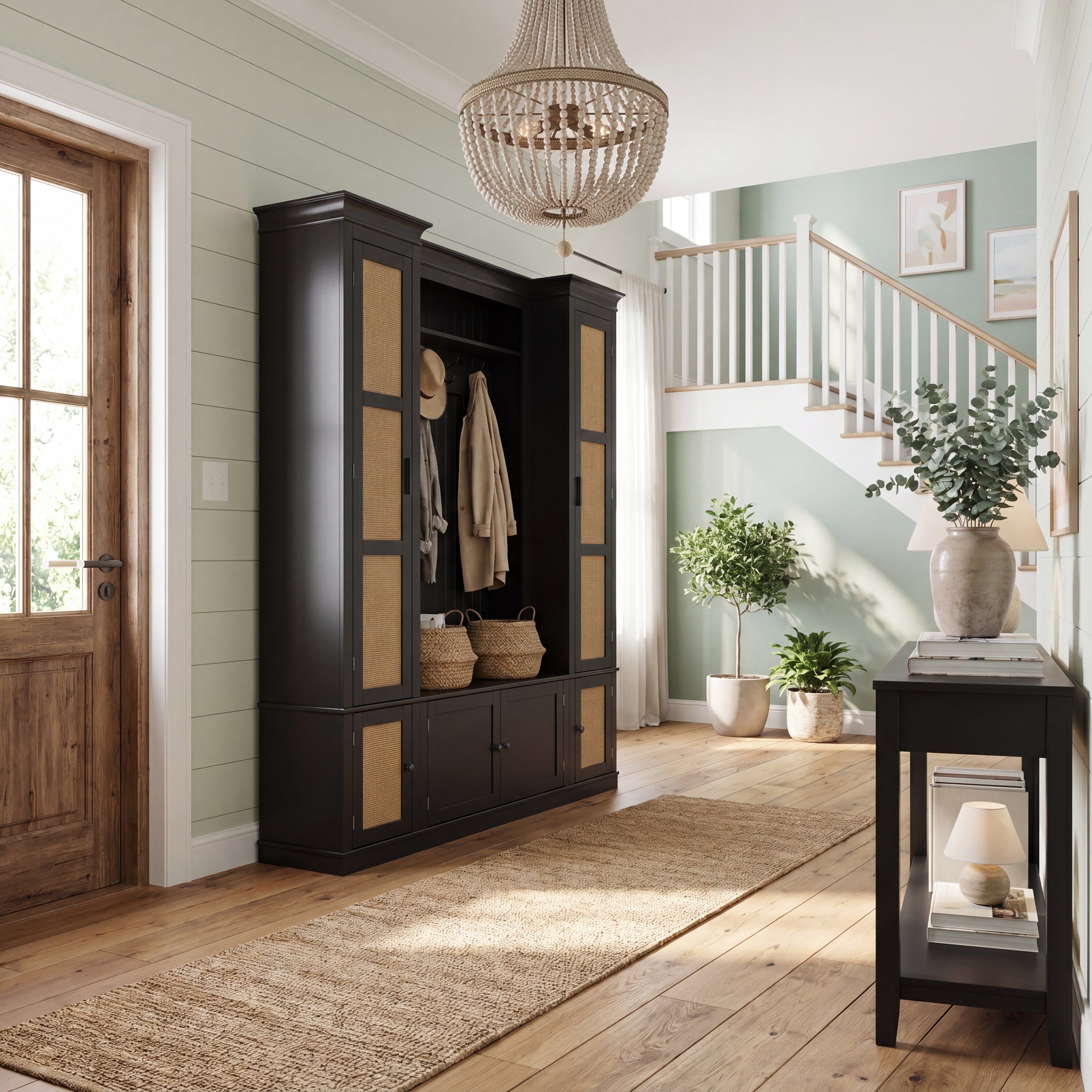 63.2 inches Black Farmhouse 4‑In‑1 Hall Tree Entryway Organizer with Coat Rack, Shoe Storage Bench & Rattan Side Cabinets