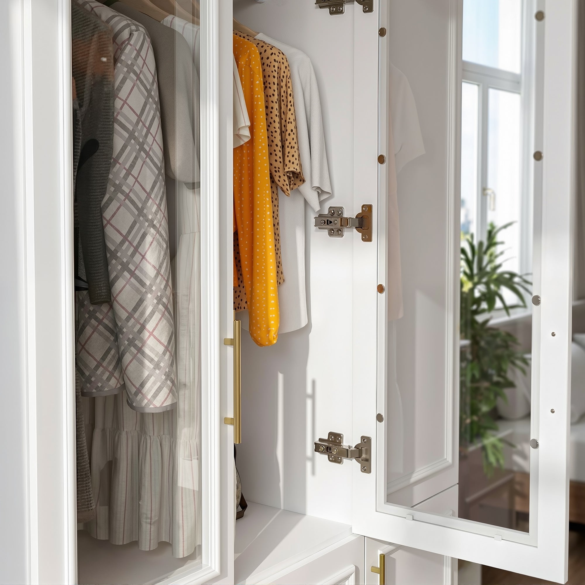 47.6 inch Modern White Armoire with Glass Doors and 3 Drawers